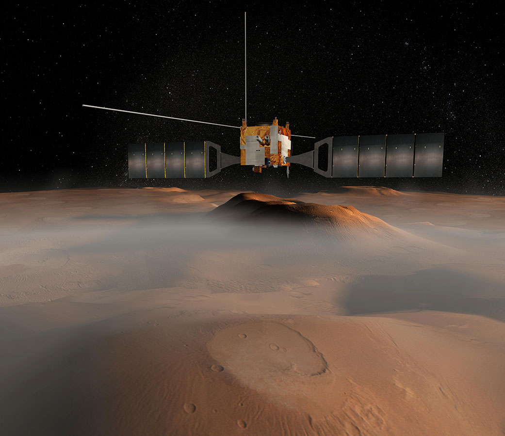 ESA’s (the European Space Agency’s) Mars Express flies over the Red Planet in this illustration