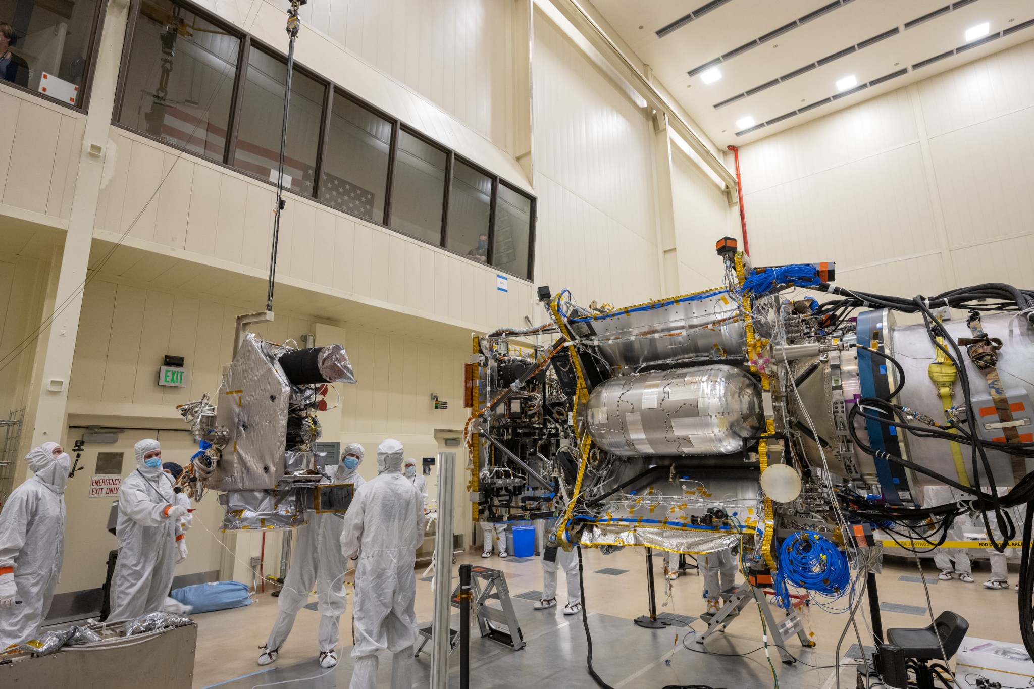 Throughout its production, the Lucy spacecraft is maneuvered into different positions to accommodate the integration and test of various elements. n