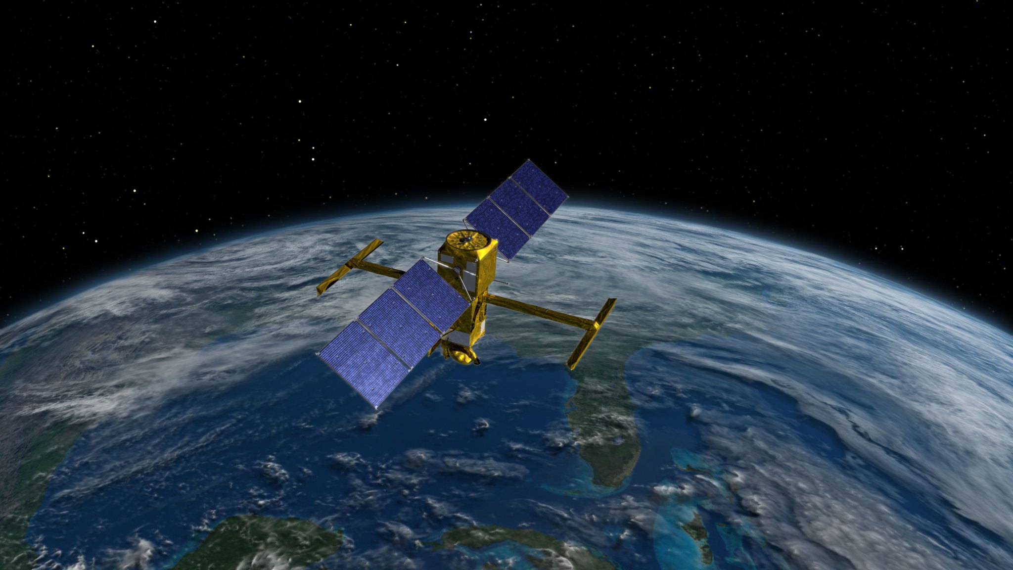 Illustration shows the SWOT satellite in orbit around Earth