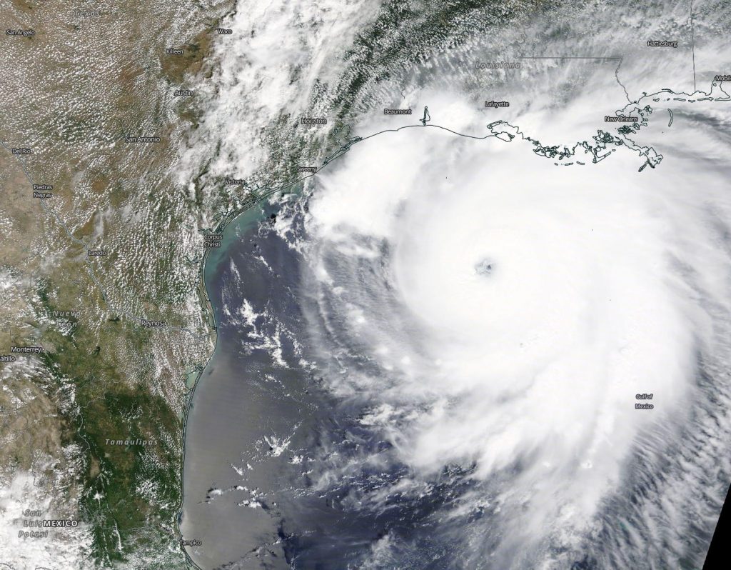 A natural color image of the powerful Category 4 Hurricane Laura in the Gulf of Mexico.