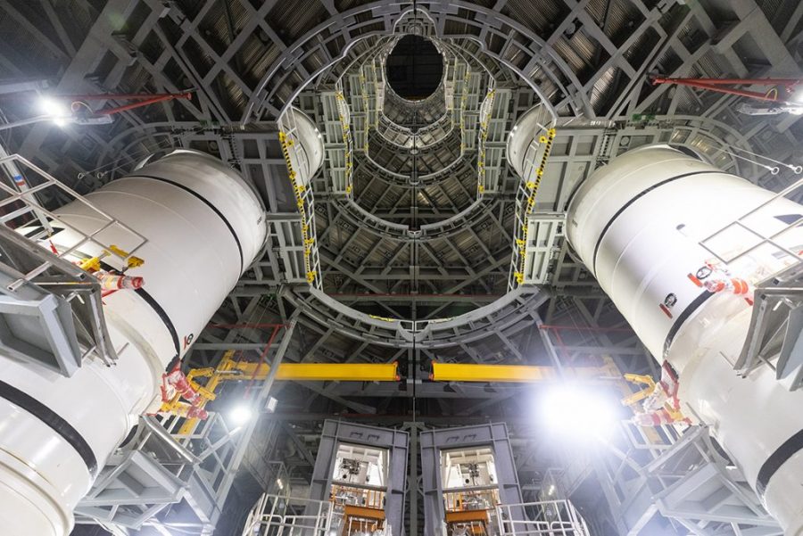 The fully stacked twin solid rocket boosters for NASAâs Space Launch System (SLS) rocket