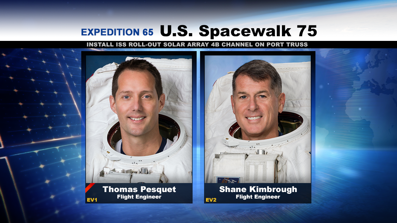 Spacewalkers (from left) Thomas Pesquet and Shane Kimbrough will work to deploy the first new ISS Roll-Out Solar Array (iROSA) to upgrade the station’s power supply.