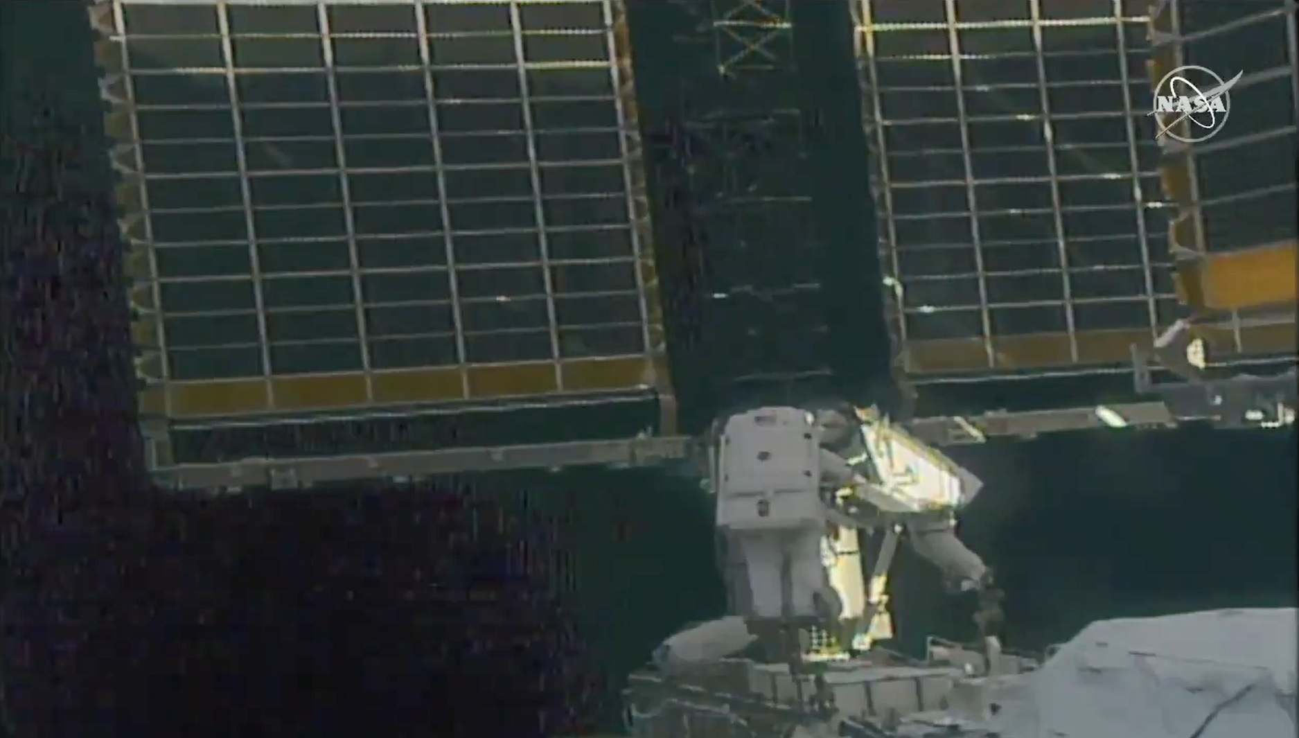 Spacewalkers Shane Kimbrough and Thomas Pesquet working at the Port-6 truss during EVA 74. Credit: NASA TV