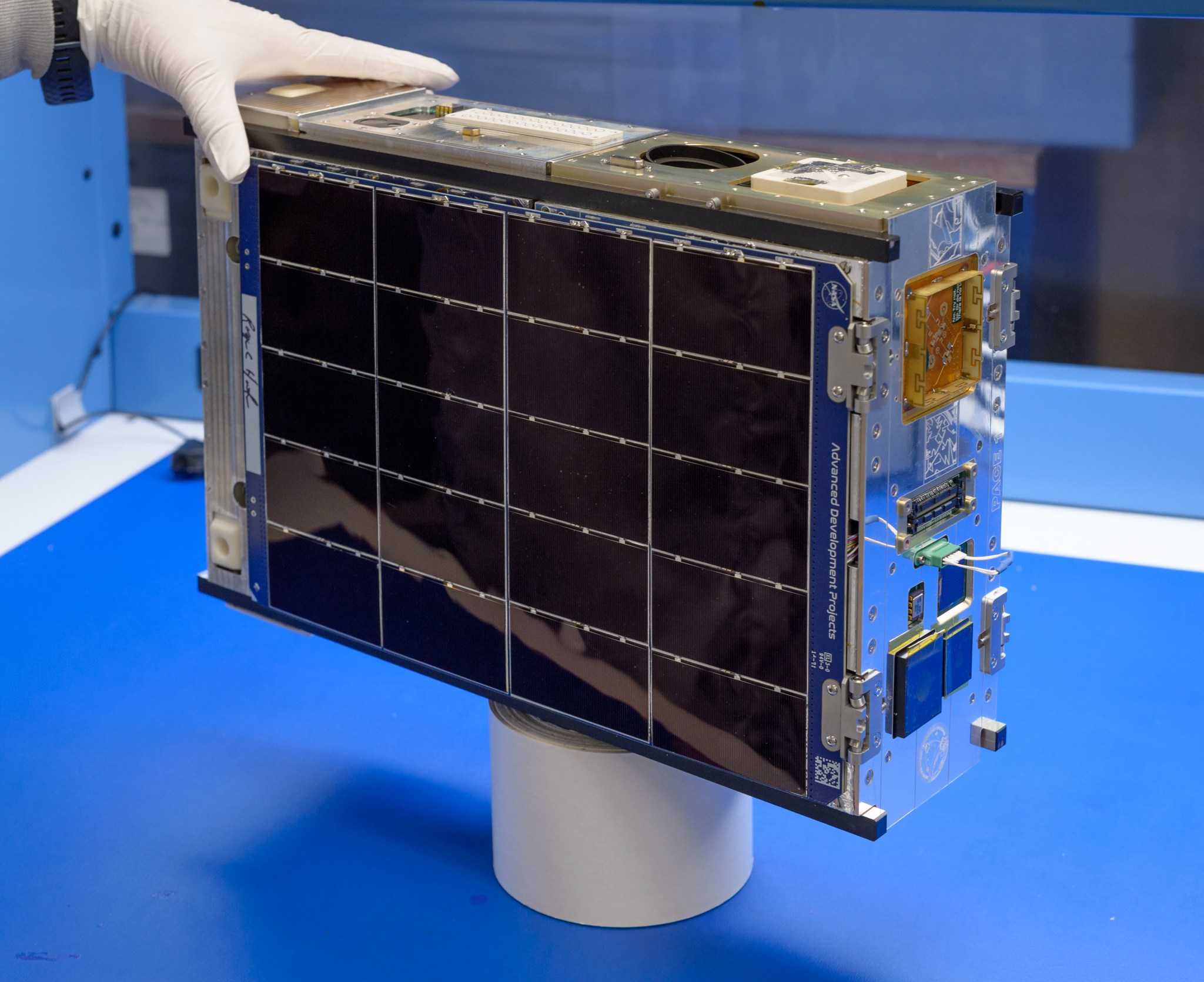 Overall view of the PACE-1 spacecraft, showing the solar panels stowed.