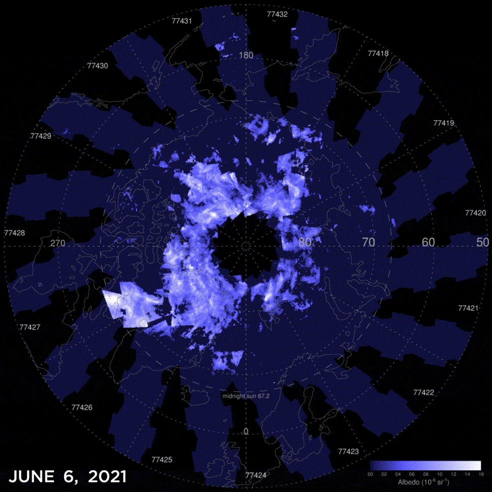 Moving satellite images show electric blue and white clouds swirling around a top-down view of the North Pole.