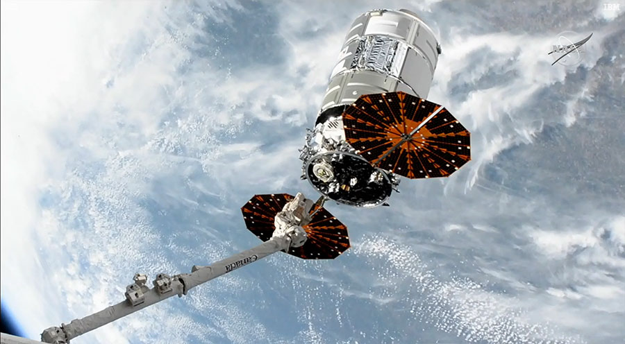 The Cygnus space freighter is pictured shortly after its release from the Canadarm2 robotic arm above the United States. Credit: NASA TV