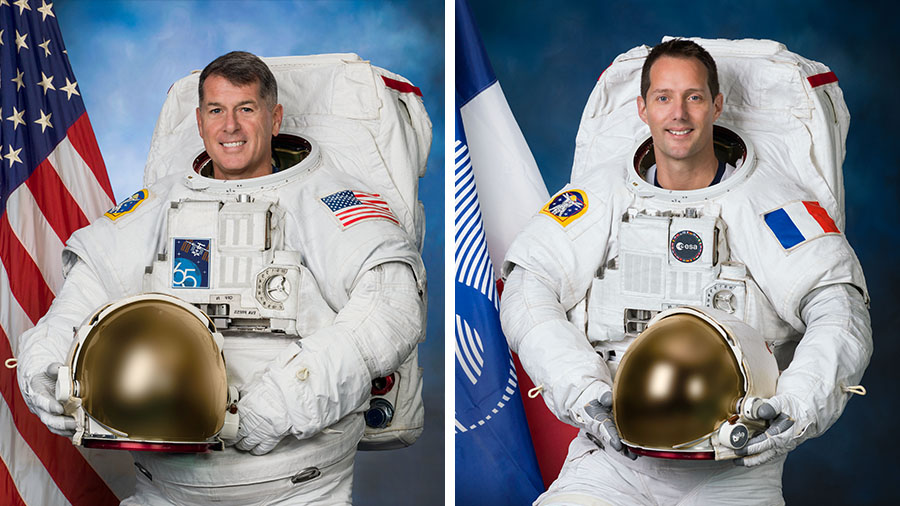 NASA astronauts Shane Kimbrough (left) and ESA astronaut Thomas Pesquet (right) are conducting their third spacewalk together.