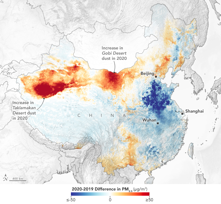 Map of China showing increases in particulate air pollution over northern China, and decreases over Beijing and the East Coast.