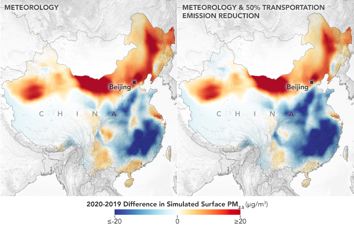 Side by side images of China showing a comparison between observations and a simulation non-lockdown emissions showing very similar patterns of increases in Northern China and decreases in Eastern China.
