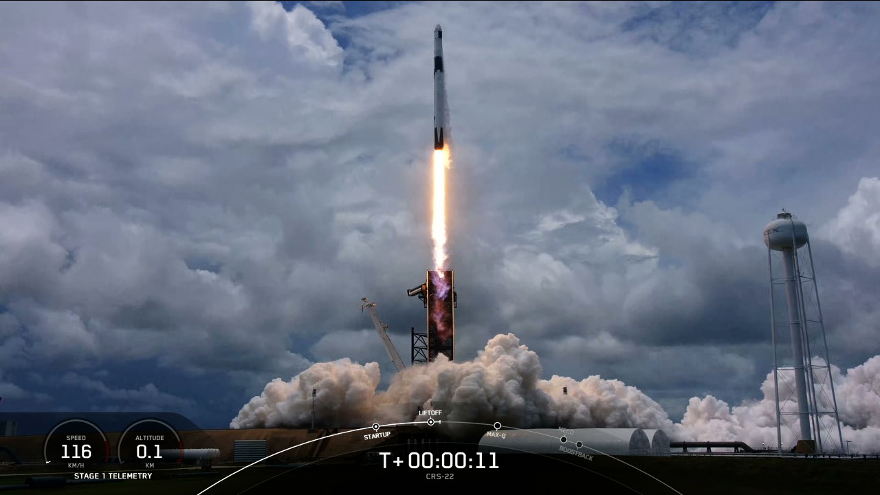 A SpaceX Falcon 9 rocket lifts off on June 3, 2021, at 1:29 p.m. EDT.