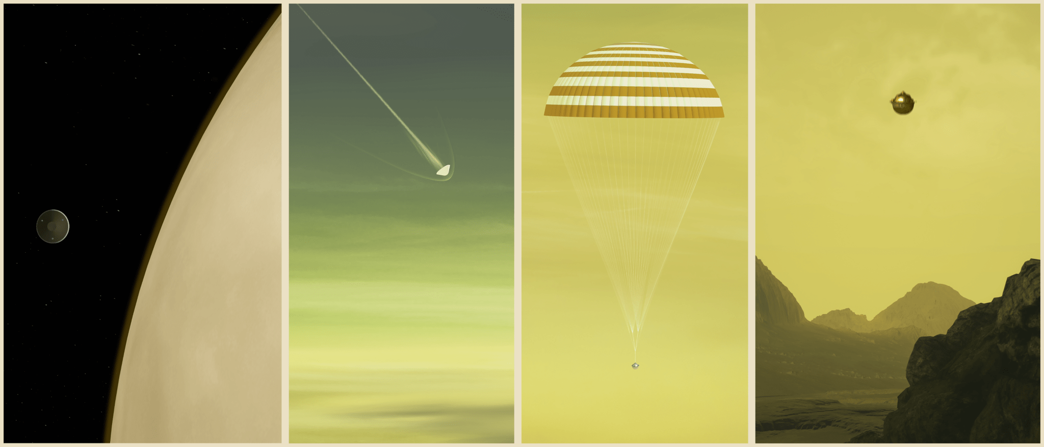 Four vertical visualizations, from left to right, the first is the DANIVCI+ spacecraft as a small sphere next to a large Venus, the second is the spacecraft entering Venus' atmosphere, third is the orange and white striped parachute, and the fourth is DAVINCI+ on Venus 