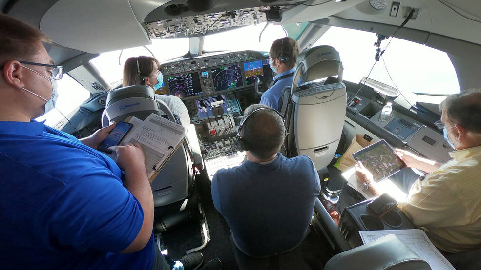 A view from the cockpit of a Boeing 787-10 Dreamliner during a series of test flights.