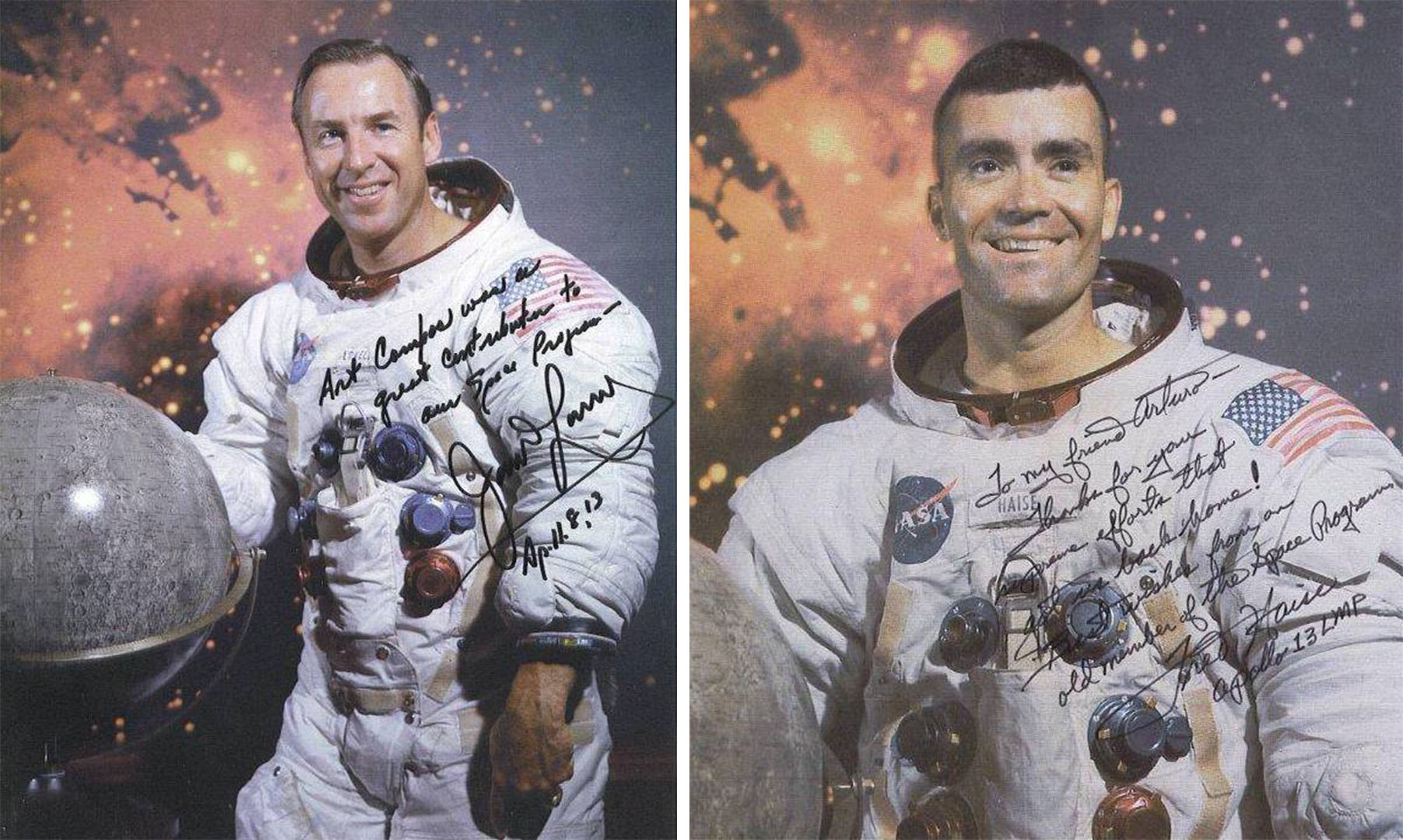Autographed pictures of Apollo 13 astronauts Jim Lovell and Fred Haise, addressed to Arturo Campos