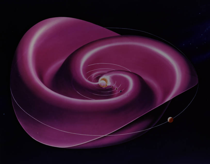 Graphical representation of solar wind's current sheet in 3D shows spirals of magenta reaching out from the Sun in the center, growing wider and taller as they extend, like rose petals.