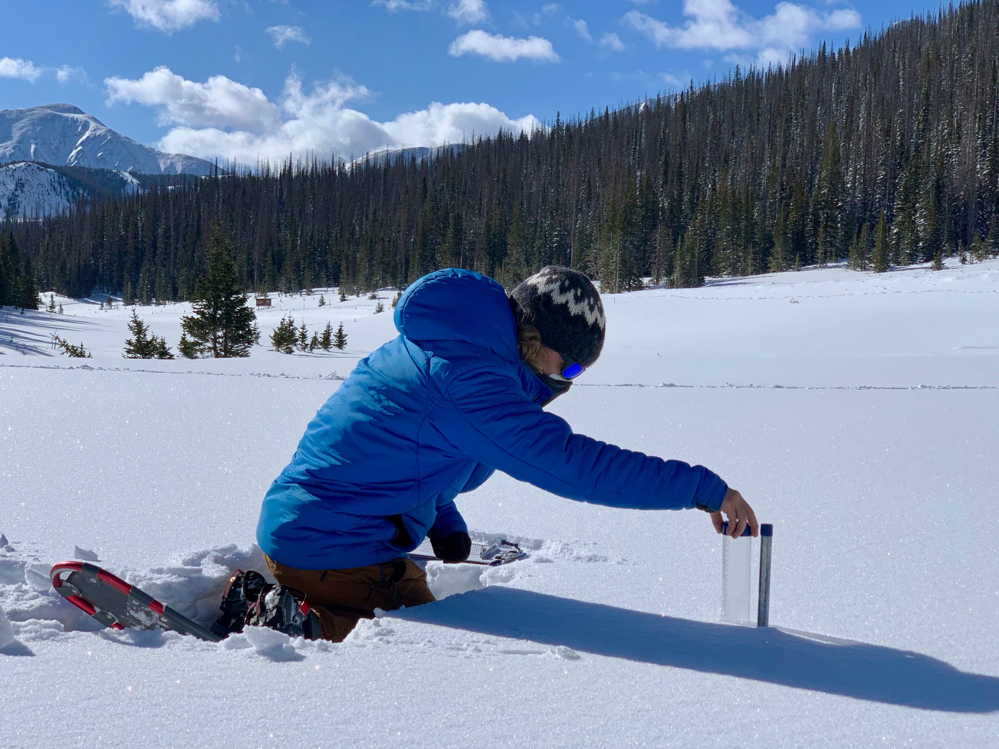 A student in winter gear and snowshoes kneels in deep snow, reaching forward to press a cylinder with measurement markings into the snow to measure depth. It is a sunny day, and in the background, gray-green trees slope upward toward blue, snow-covered mountains and a bright blue sky with white clouds.