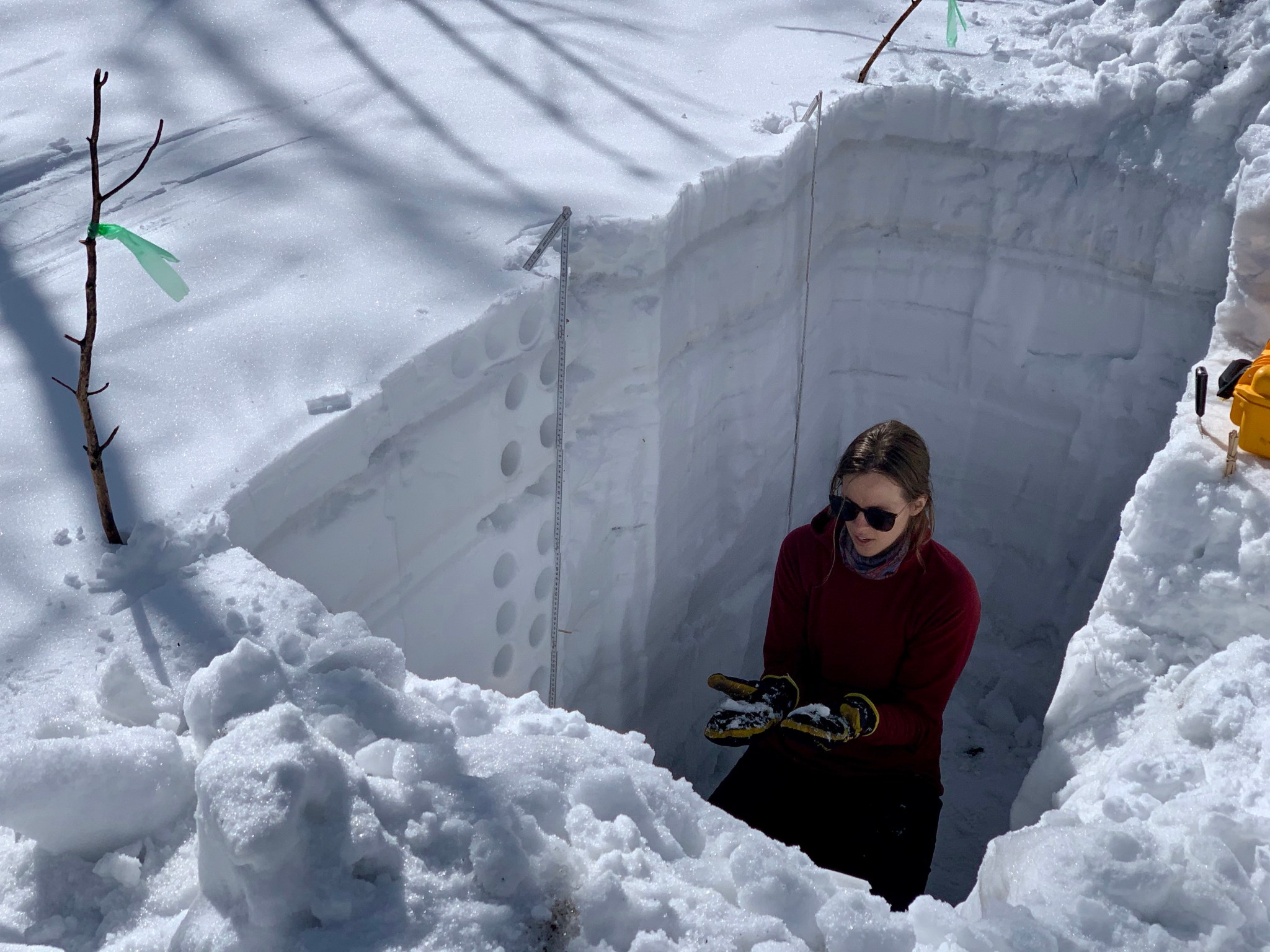A young woman in winter gear kneels at the bottom of a snow pit the size of a car, with her outstretched mittens lightly dusted with snow. Circular holes are visible in the sides of the pit where scientists took snow samples earlier.