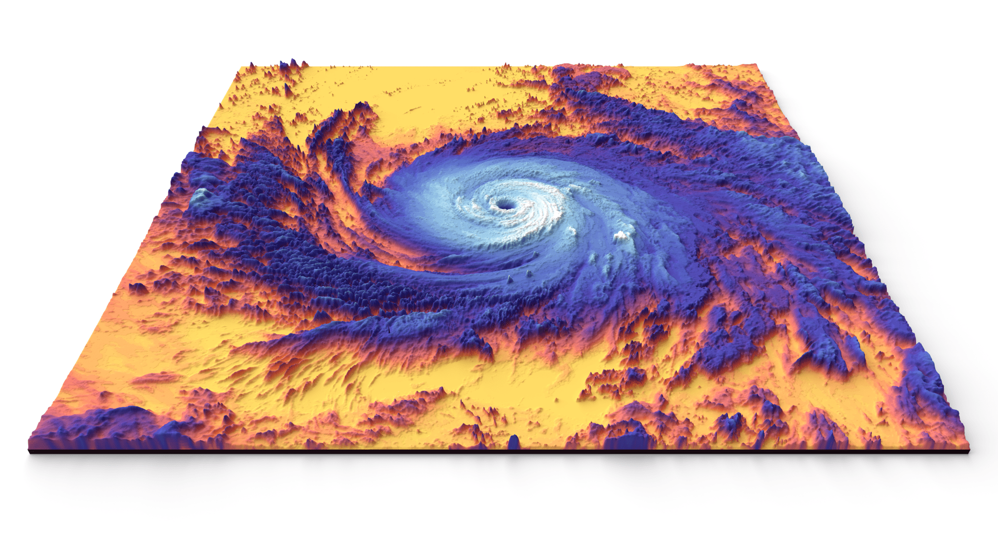 False color view of a swirling hurricane from space, showing the blue clouds in 3-D against a yellow ocean.