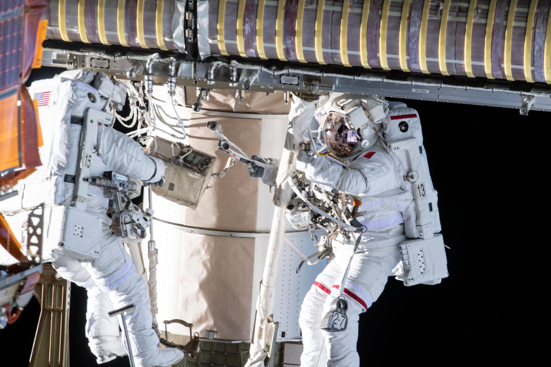 Spacewalkers Shane Kimbrough, left, and Thomas Pesquet.