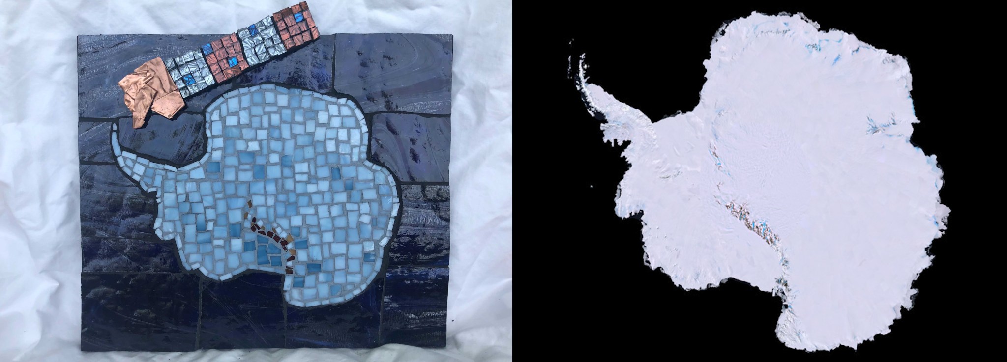 Two mosaics of Antarctica side by side. On the left, is a physical mosaic, made of tiny light blue glass squares. A blue and gold mosaiced satellite is positioned just above Antartica. On the right, the mosaic looks like an image of Antartica from space, stitched together from individual satellite frames to show the whole continent, white against a black background.