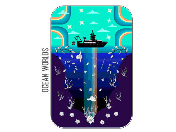 Animated gif of an illustrated boat on an ocean with a cutaway view of life and scientific instruments in the ocean, down through the middle of a chasm. The layers of the water get darker as they get deeper. The gif changes colors between monochromatic shades of each color.