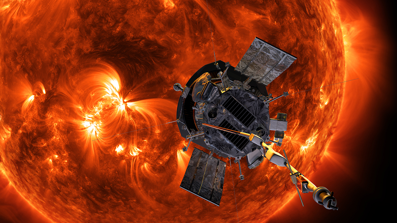 artist's conception of the parker solar probe spacecraft approaching the Sun, which appears red and roiling with activity.