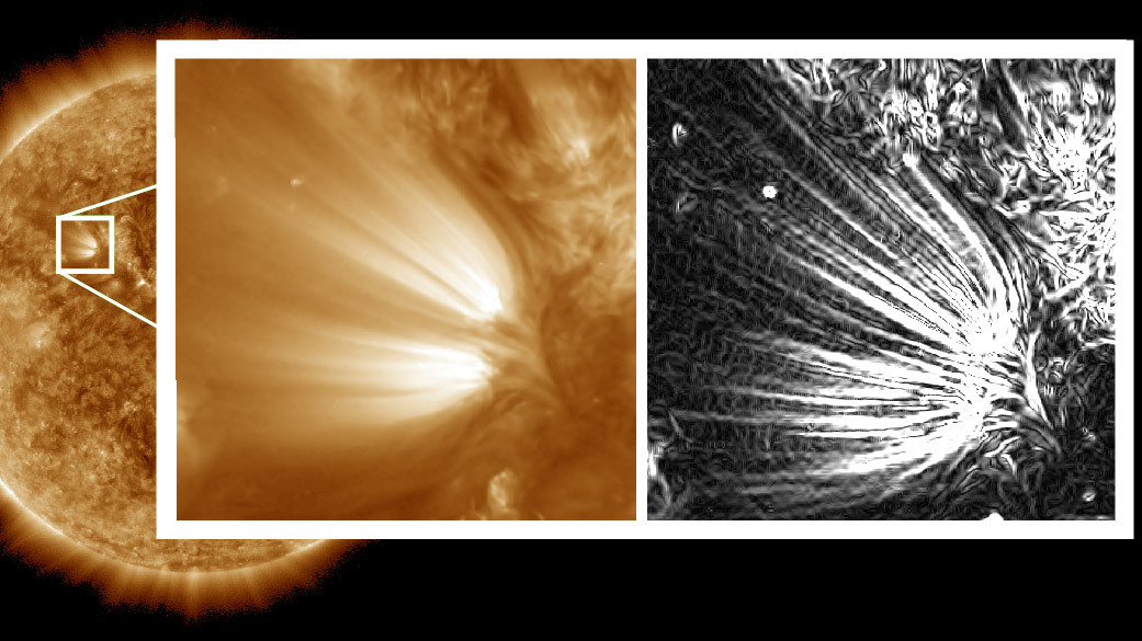 A solar plume on the Sun, with a zoomed-in inset showing the strands of material that make up the plume