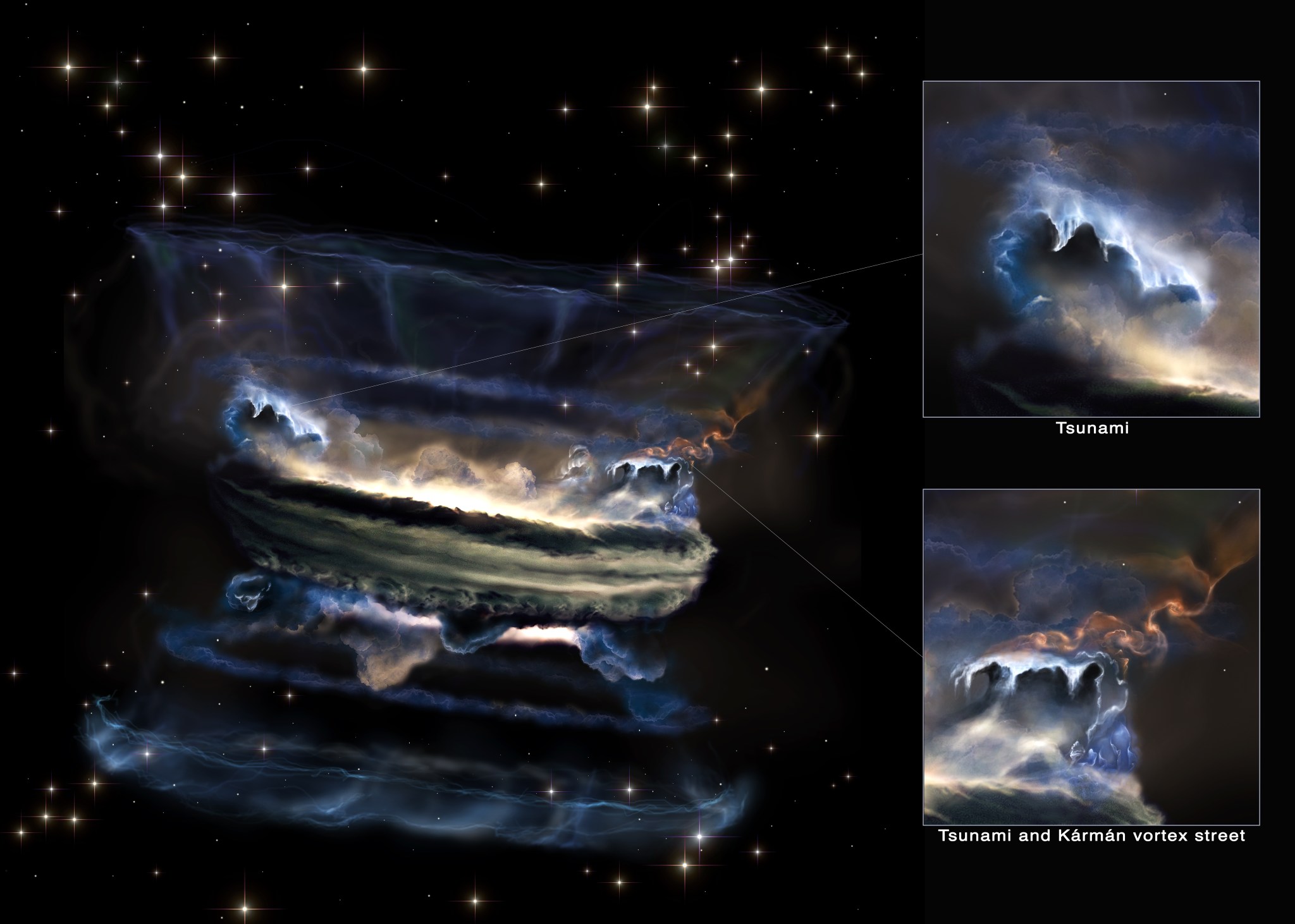 An artist's rendering of a quasar and some unusual nearby features in the gas surrounding it. 