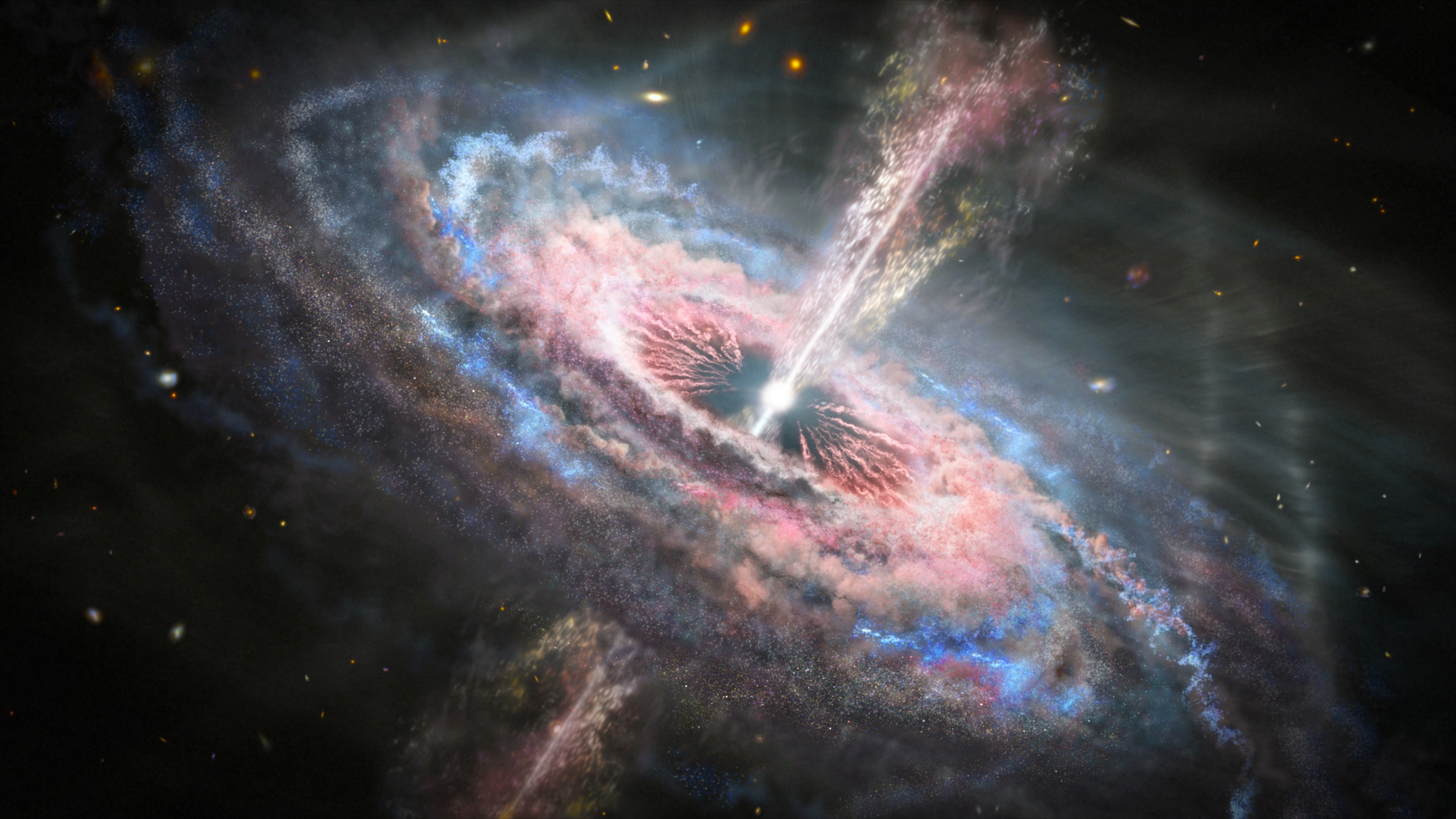 This is an artist's concept of a galaxy with a brilliant quasar at its center.