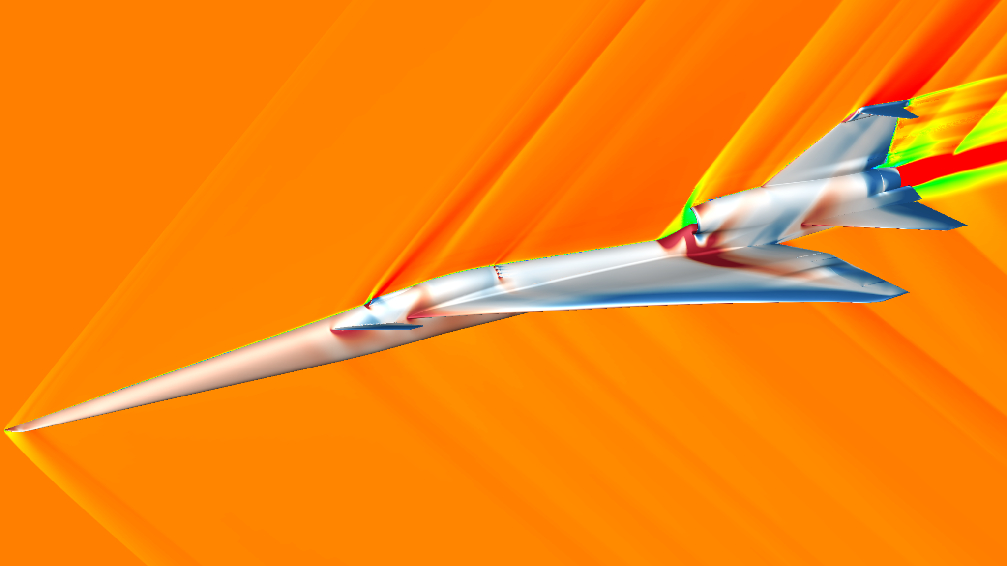 The image shows a moment from a computational fluid dynamics simulation of the X-59 aircraft concept during supersonic flight.