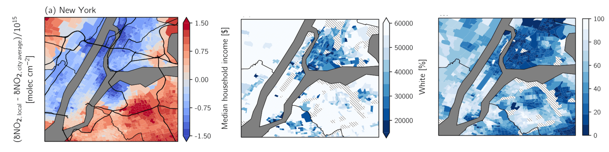Maps of New York City showing the places with higher and lower drops in NO2, median household income and percent white.