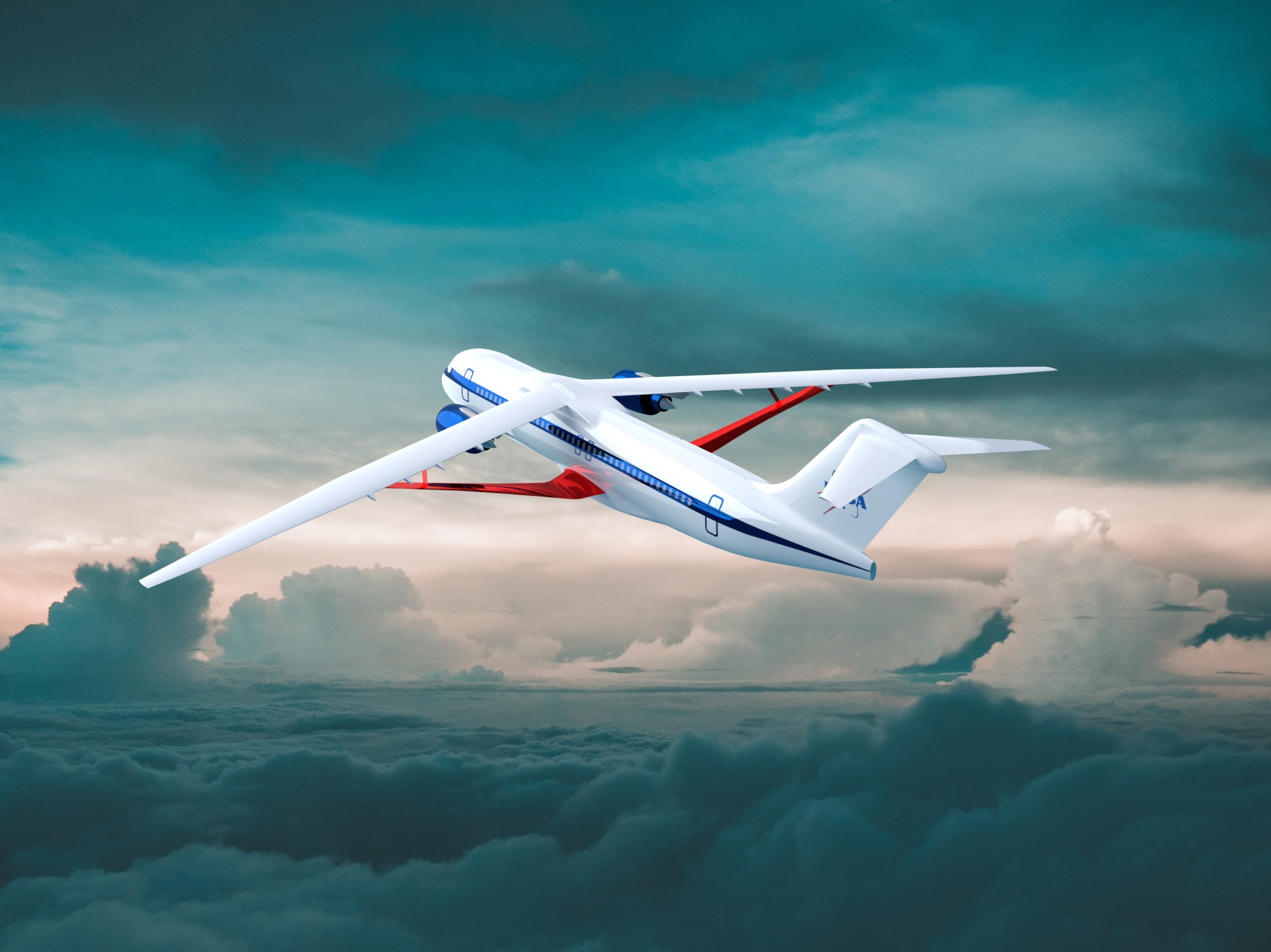 An illustration of the back view of the transonic truss-braced wing aircraft in flight against dark blue skies.