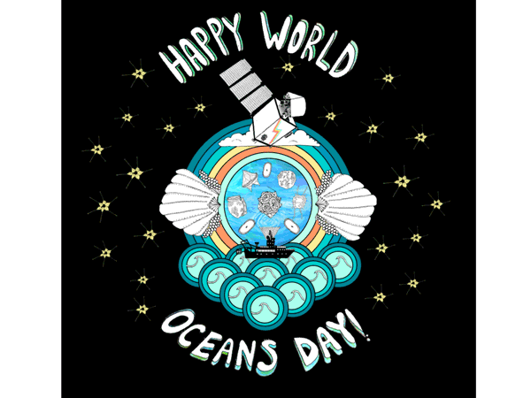 Animated gif that says Happy World Oceans Day! with a drawn design featuring the PACE spacecraft with waves and cartoon phytoplankton. The design is flashing different colors.