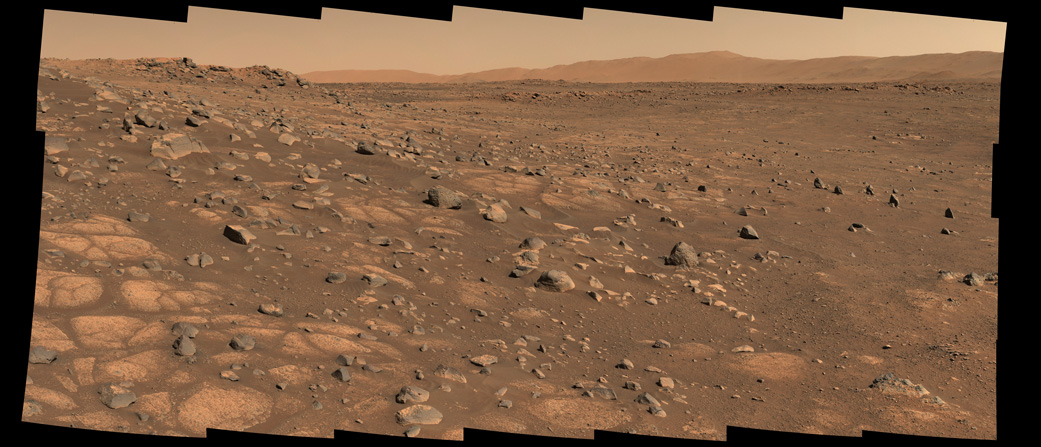 View from the Perseverance rover as it scouts its first sampling location.