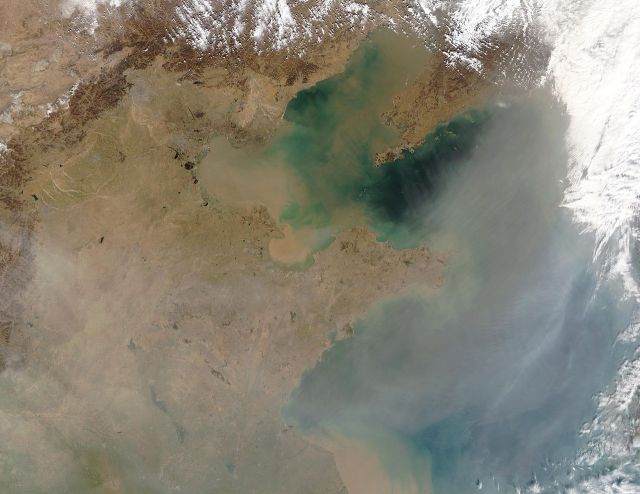 The air over the eastern China cleared somewhat on 02.25.2004, as the haze and pollution moved eastward over the East China Sea.