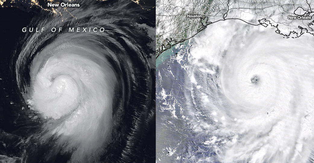 Side-by-side image of Hurricane Laura as it approaches the United States Aug. 26, 2020. The left shows a bright swirl on a black background and the right shows a white swirl on a light background.