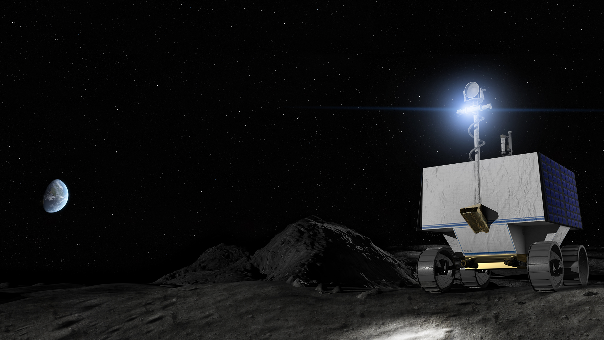 An illustration of a rover in the dark on the Moon. A light on its mast illuminates the foreground. Earth is visible in the background sky.