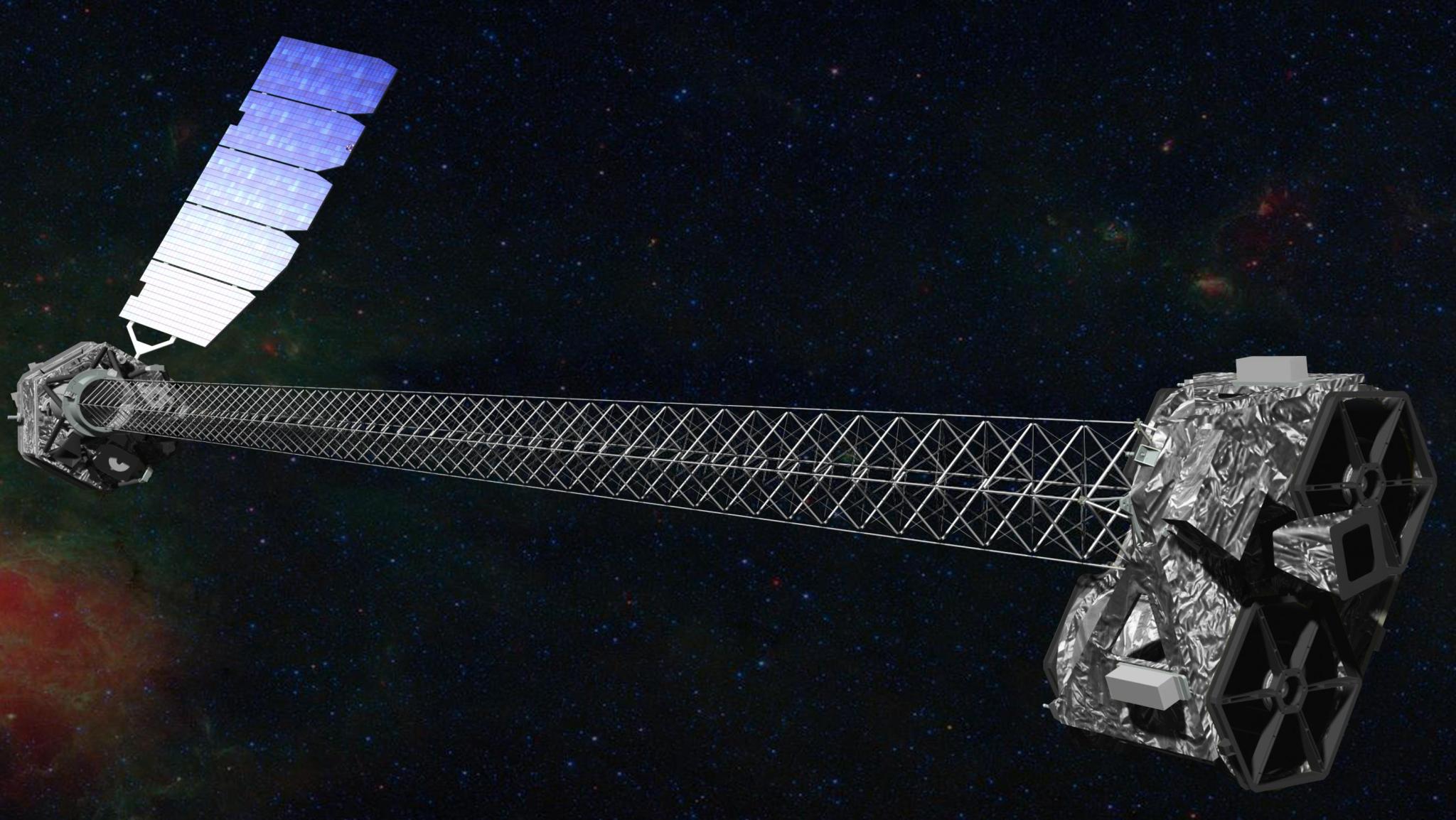 Illustration of the NuSTAR spacecraft, which has a 30-foot (10 meter) mast that separate the optics modules (right) from the detectors in the focal plane (left).