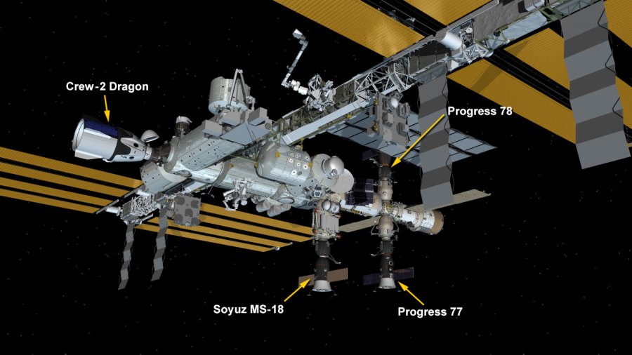 July 8, 2021: International Space Station Configuration. Four spaceships are docked at the space station including the SpaceX Crew Dragon and Russia's Soyuz MS-18 crew ship and ISS Progress 77 and 78 resupply ships.