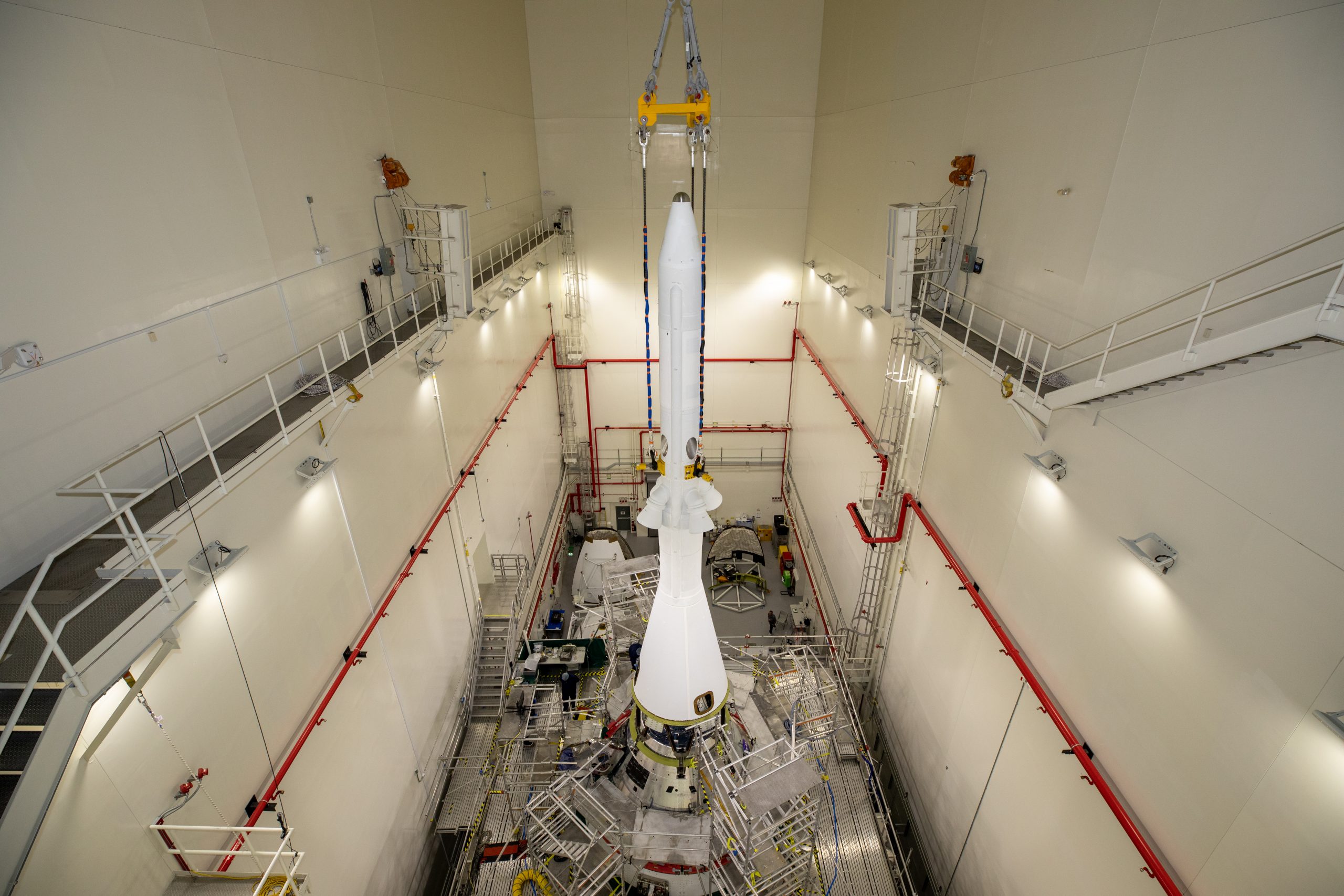 Teams with NASA’s Exploration Ground Systems (EGS) and contractor Jacobs integrated the launch abort system (LAS) with the Orion spacecraft inside the Launch Abort System Facility at NASA’s Kennedy Space Center in Florida on July 23, 2021.