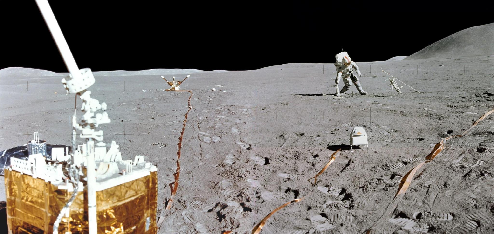 A mini-panorama combining two photographs taken by Apollo 15 lunar module pilot Jim Irwin at the end of the second Apollo 15 moonwalk in 1971.