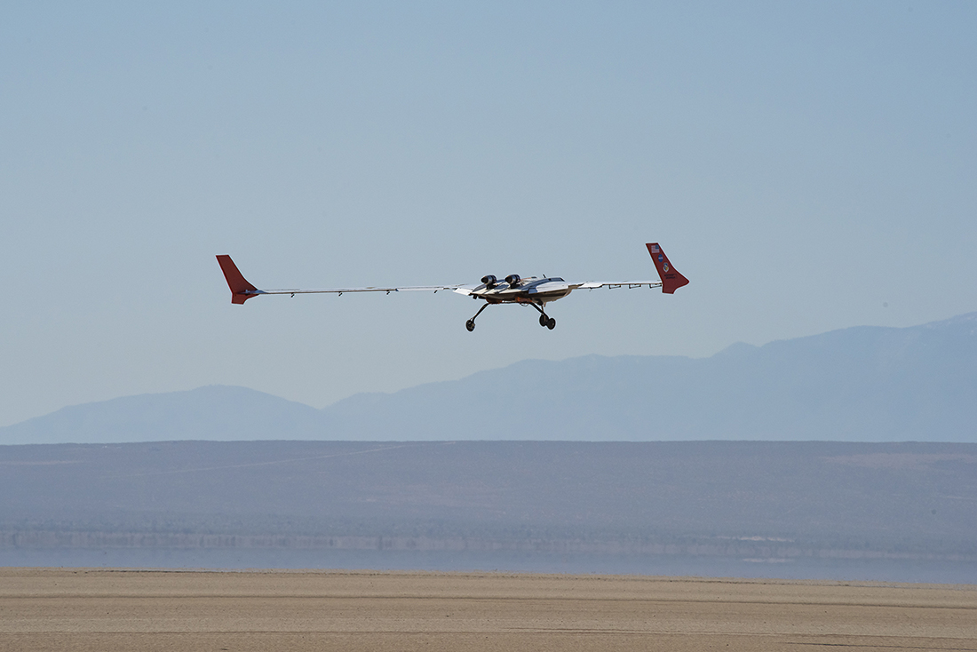 The X-56B remotely piloted aircraft prepares for a landing following the first of a new flight series. 