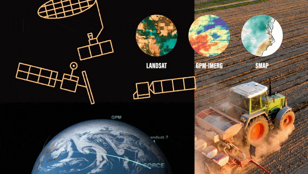 An animated GIF composite shows drawings of NASA satellites hovering over Earth and a tractor plowing a field.