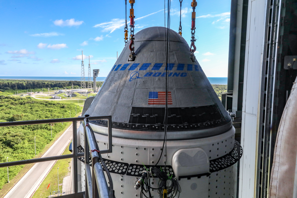 The Boeing CST-100 Starliner spacecraft is secured atop a United Launch Alliance Atlas V rocket on July 17, 2021.
