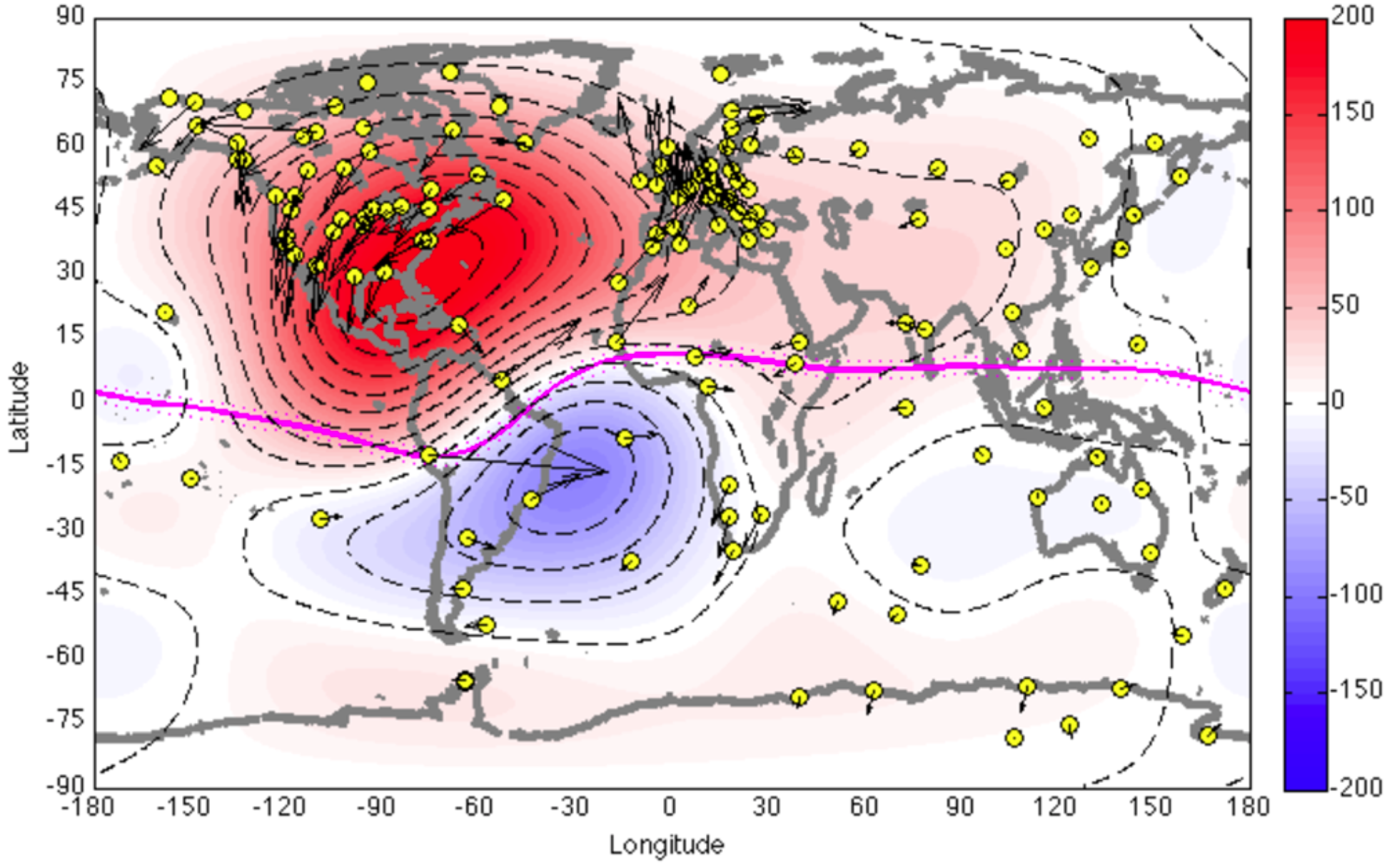 A world map shows current strength and direction in the ionosphere. North America is covered in red while a large blue area covers part of South America and the South Atlantic. A pink line runs between the red and blue areas. Yellow dots appear all over the map, but a large concentration of them appear over western Europe.