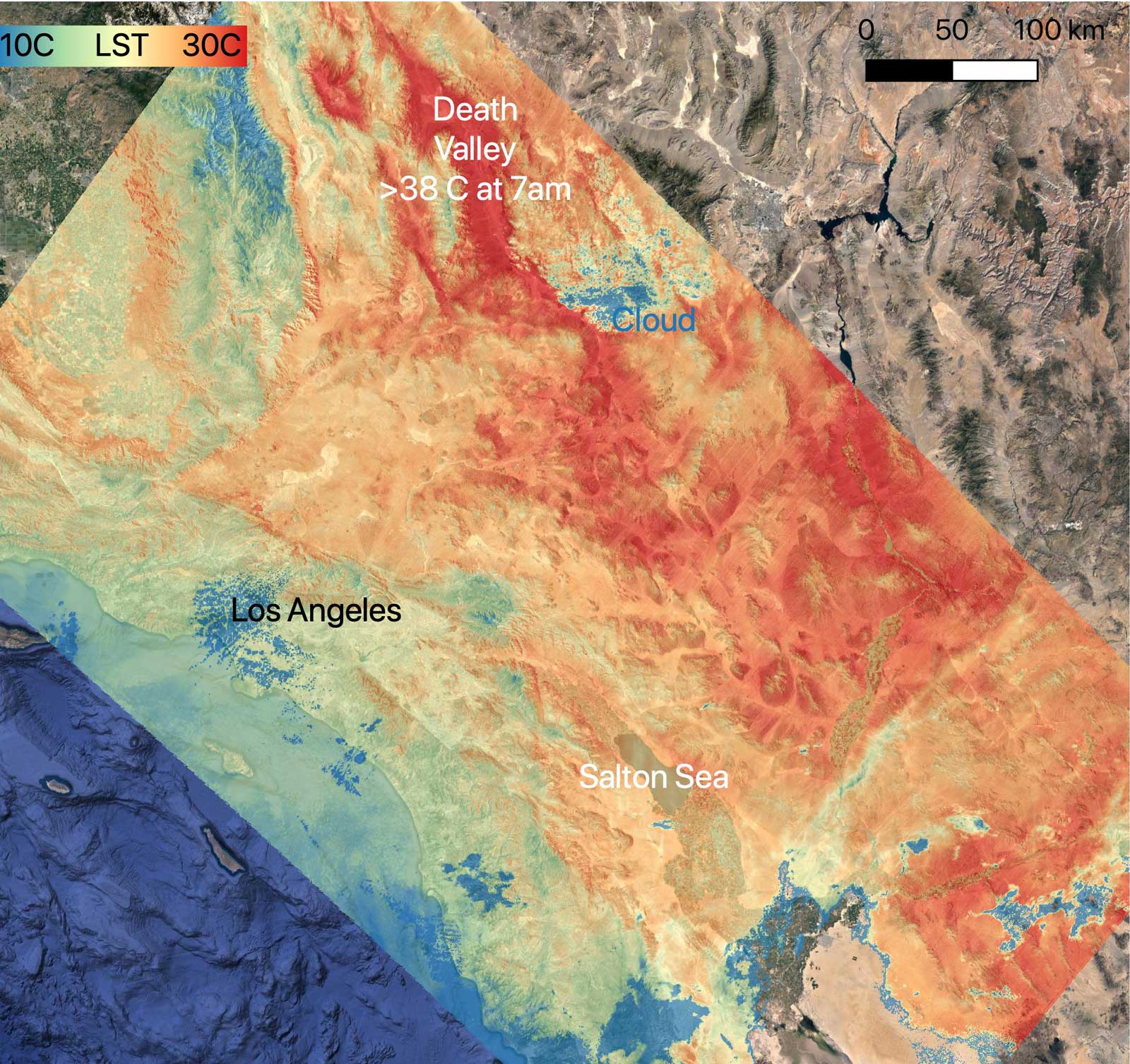 Surface temperature data over California. Areas