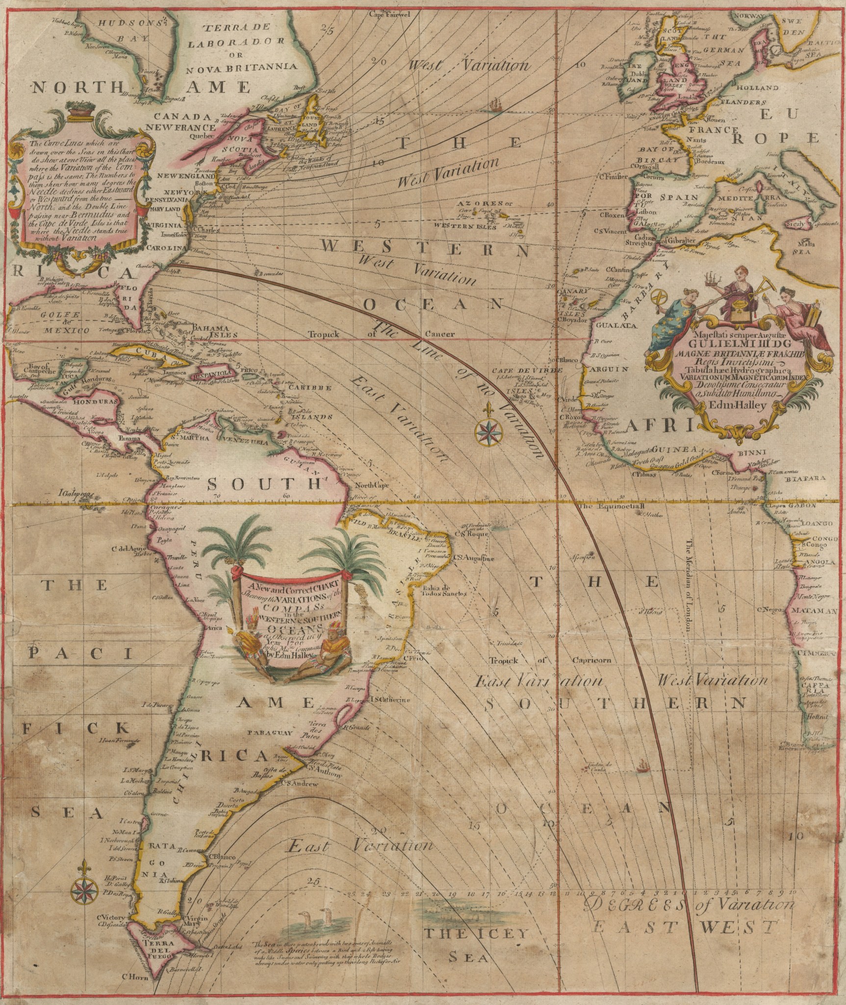 An old map on brown paper shows eastern North America, South America, and western Europe and Africa. Various solid and dashed lines extend across the Atlantic Ocean from the Americas toward Europe, Africa, and the north and south poles.