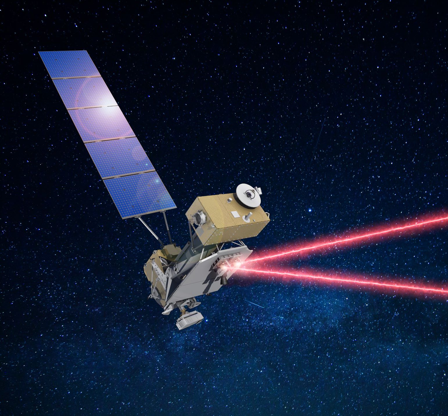 An illustration of a small CubeSat (small satellite) sending laser communications from two red beams going to the right. The satellite is small and shaped like a cereal box, with a long horizontal solar panel extending out. The background is navy and stars are scattered about.