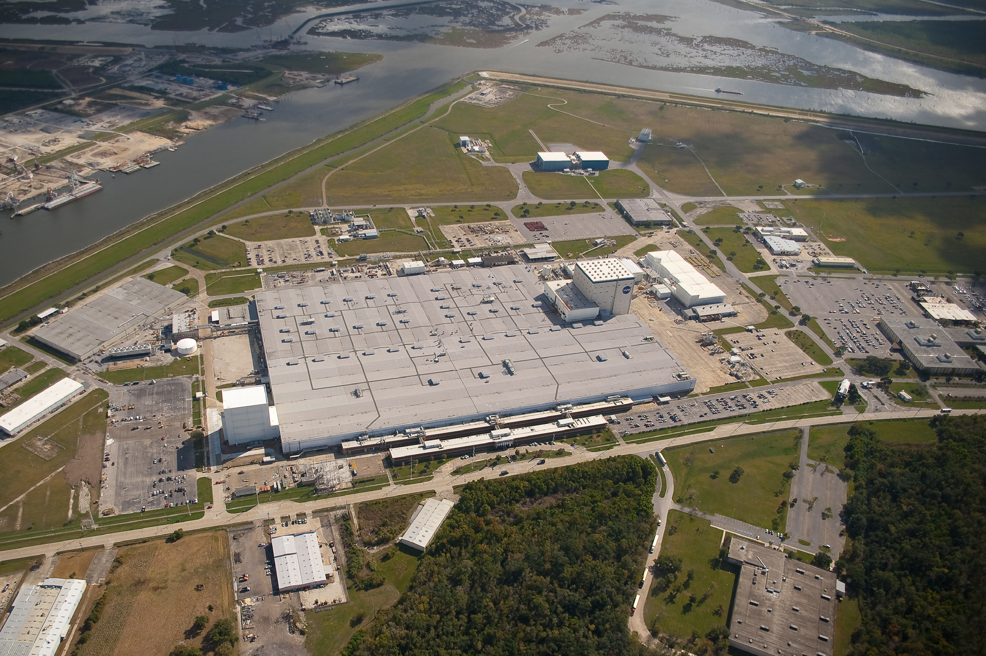An aerial view of the main building at Michoud Assembly Facility