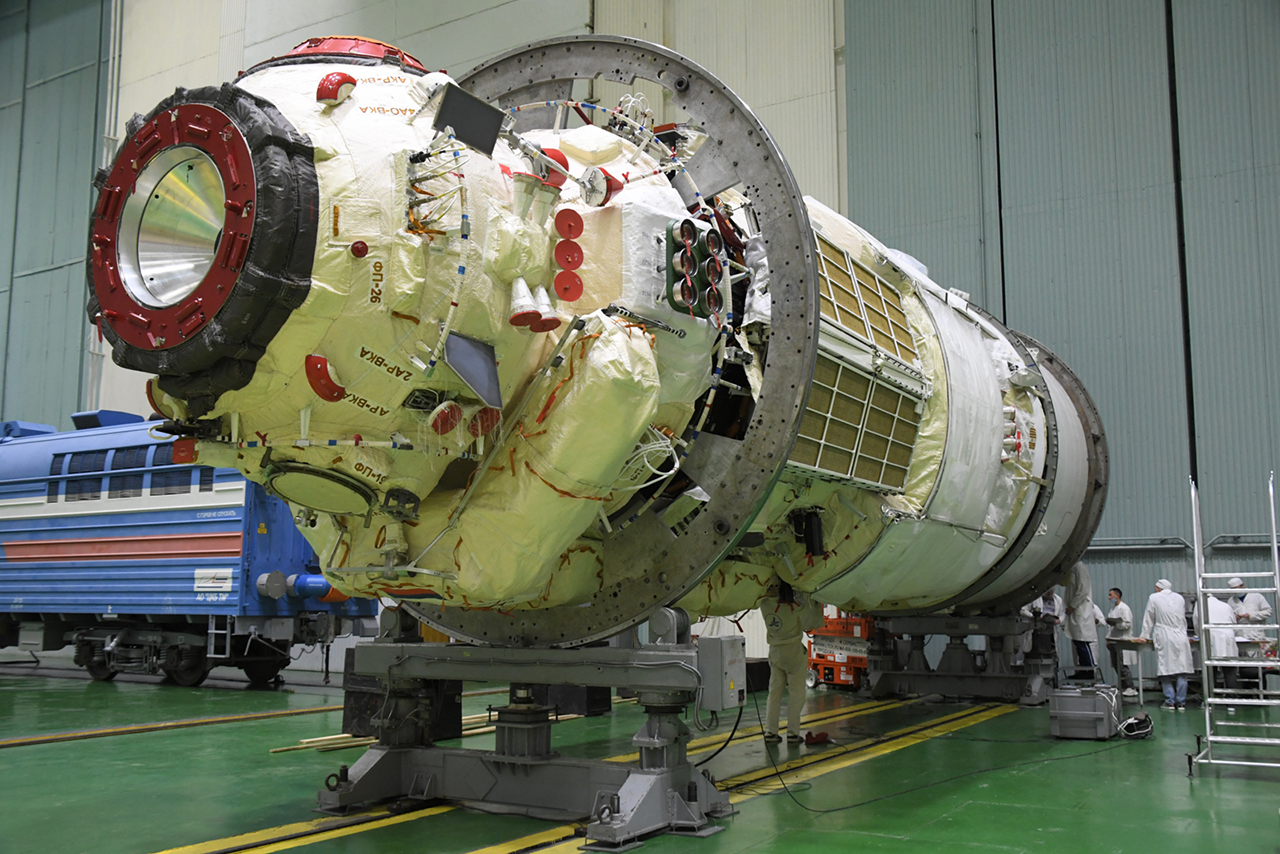 The Nauka Multipurpose Laboratory Module undergoes final processing at the Baikonur Cosmodrome in Kazakhstan in preparation for its launch to the International Space Station on a Proton rocket.