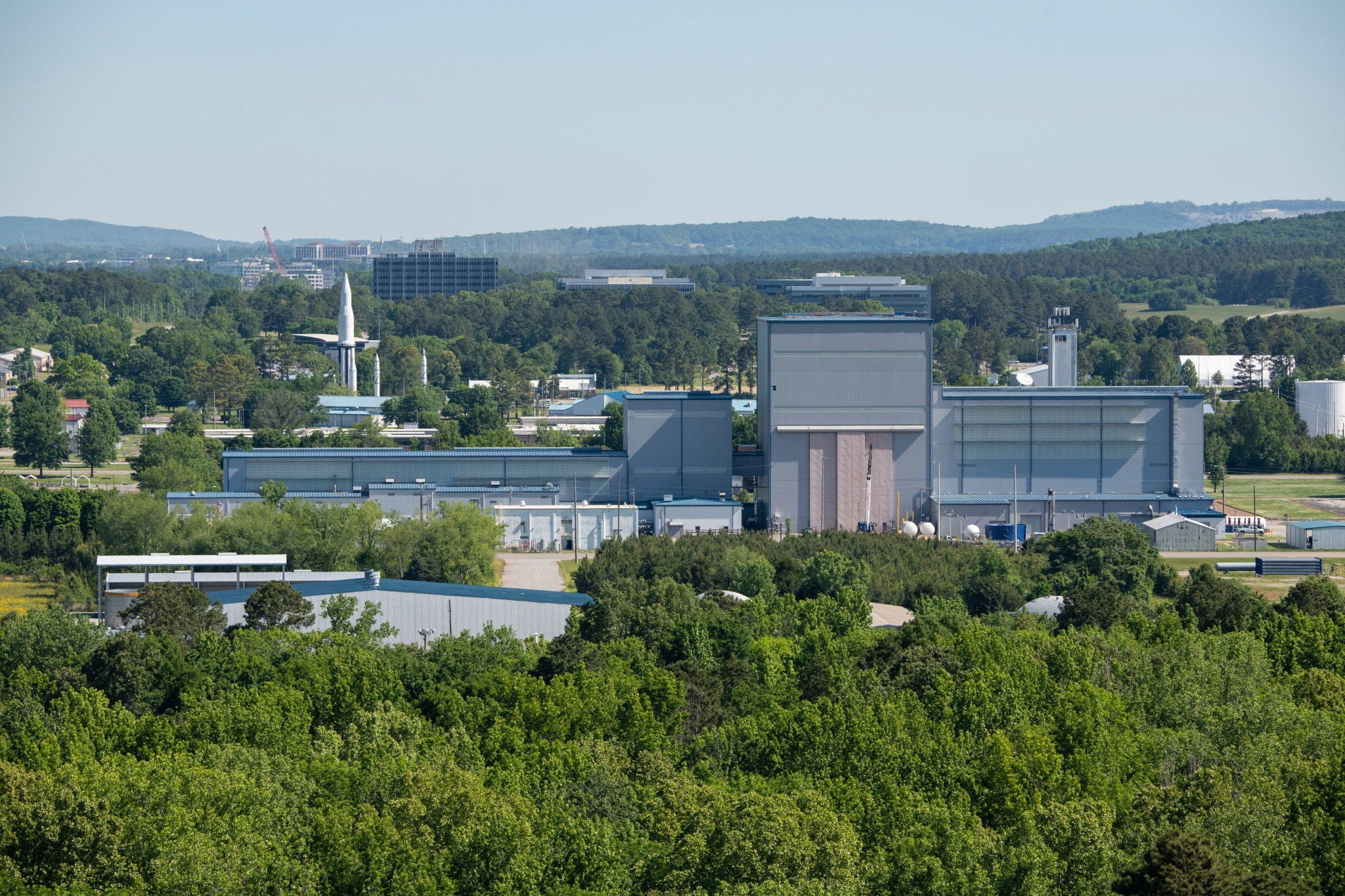 Pictured is a view of Marshall Space Flight Center’s campus from atop test stand Building 4693.